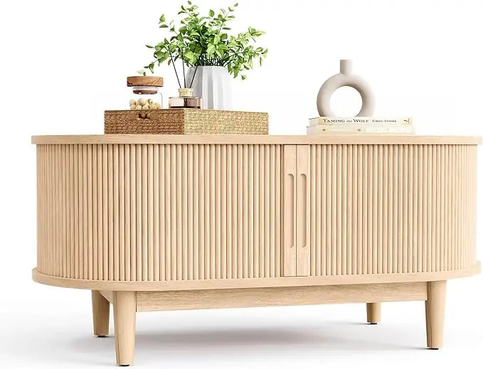 Coffee Table, Mid Century Modern Coffee Table with Sliding Tambour Door, Fluted Accent Center Table with Storage