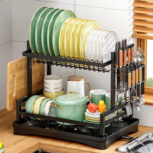2-Tier Metal Dish Drying Rack with Utensil Holder