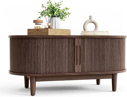 Coffee Table, Mid Century Modern Coffee Table with Sliding Tambour Door, Fluted Accent Center Table with Storage